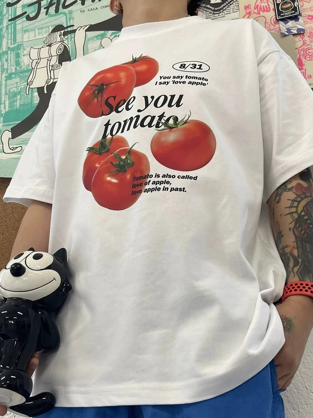 Tomato print pure cotton short-sleeved T-shirt, fun and cute men and women niche fashion brand Korean style college style top Street King Limited