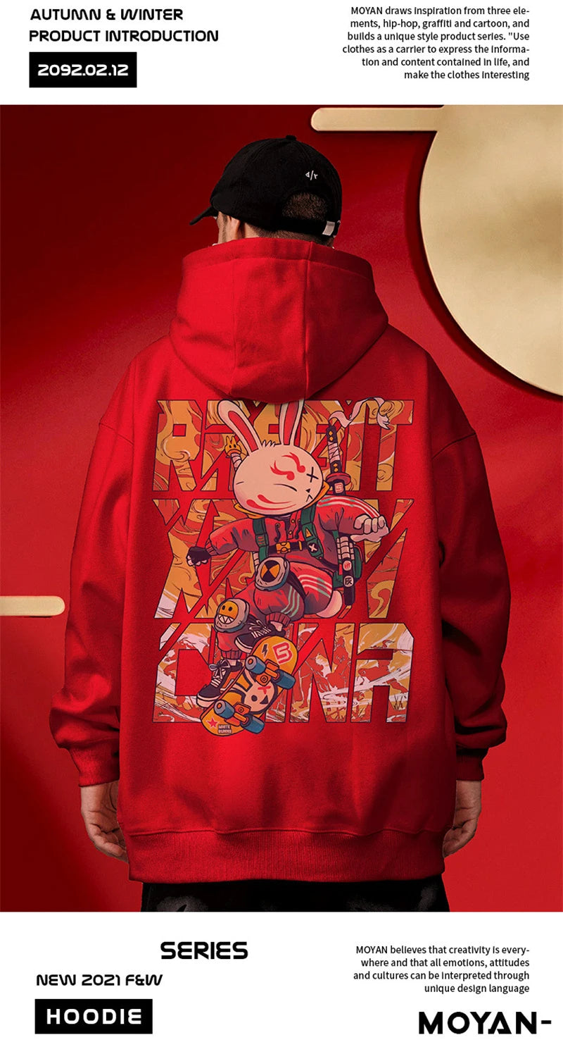 Anime Skateboard Rabbit Print Hoodies Men's Japanese Y2K Hoodie Sweatshirts Autumn Casual Pullover Male Funny Hoody Streetwear Street King Limited