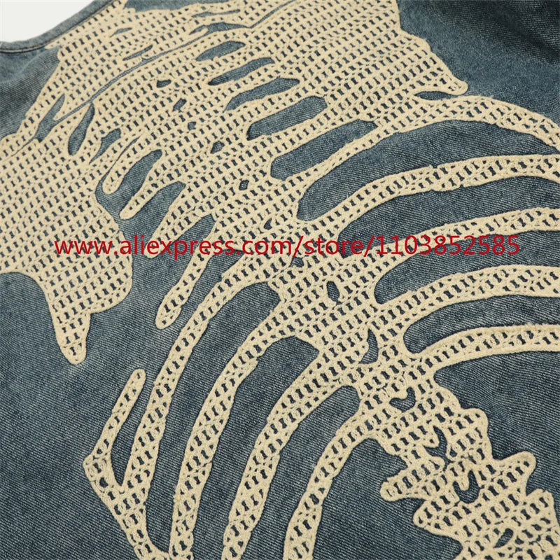 vintage mens long sleeved denim jacket high street oversized washed bone embedding tops clothing autumn winter 2024 heavyweight unique jeans style 1336