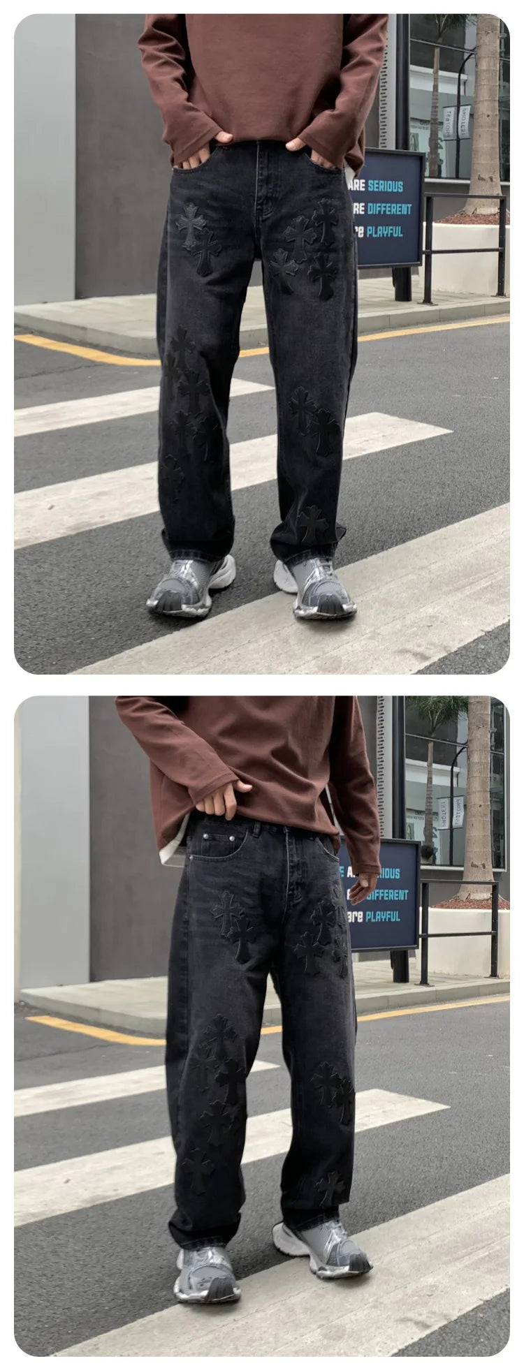 men embroidery streetwear brand fashion hip hop loose casual straight motorcycle denim jeans pant cityboy y2k jeans trousers unique jeans style 2368