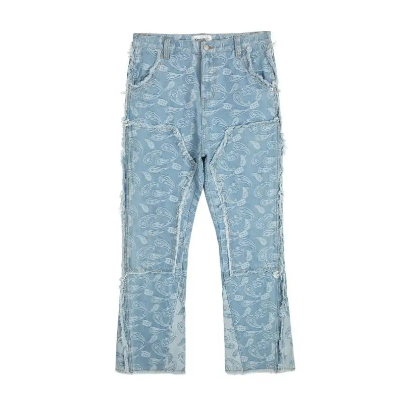 vintage high street washed light blue flared jeans cashew flower jacquard pattern rough edge jeans pants for men and women unique jeans style 923