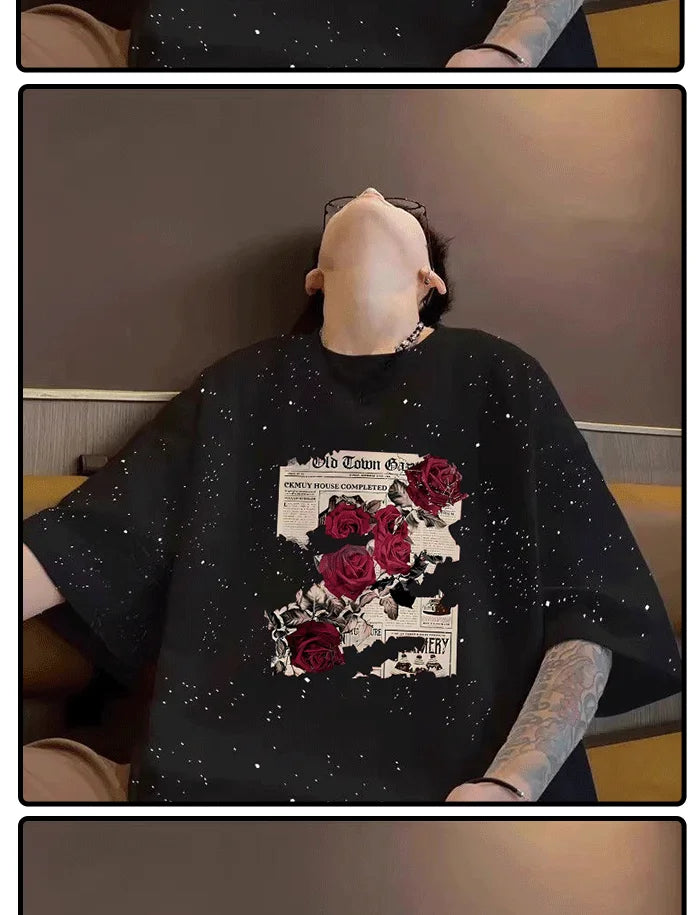 Summer cotton loose round neck starry sky short sleeved men and women American street trend personalized printed T-shirt top Street King Limited