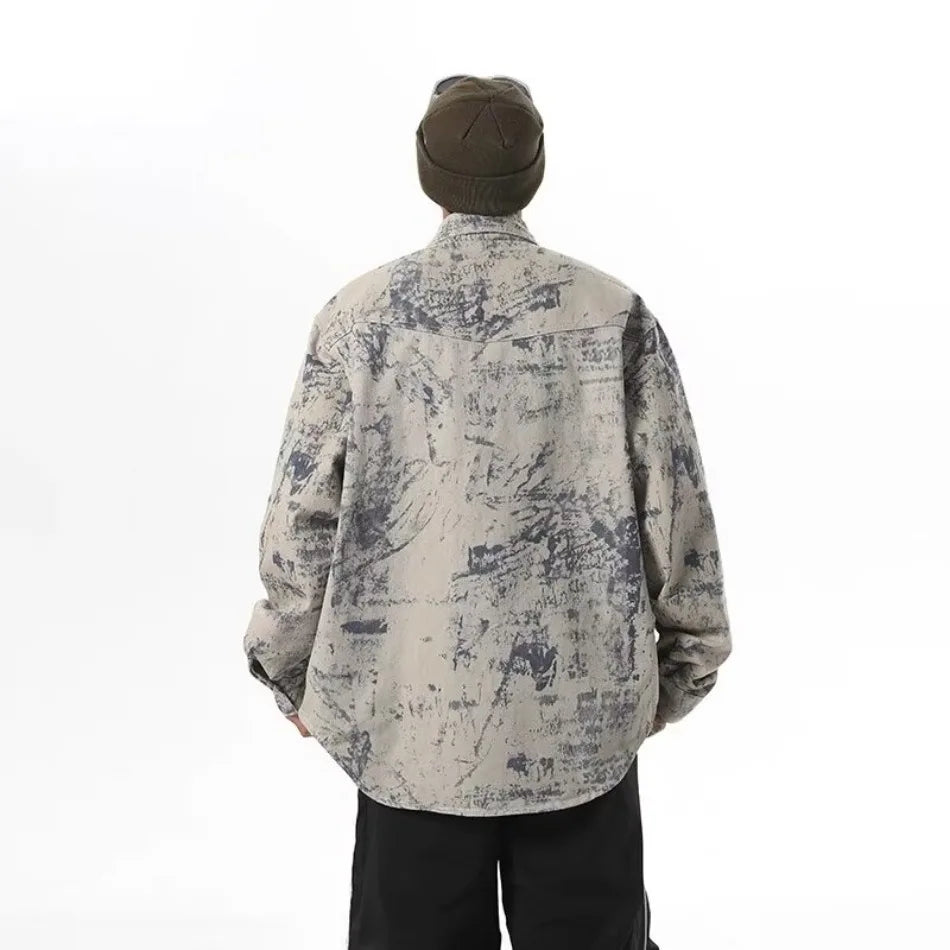 tie dye denim jacket mens new american high street multiple pockets washed cowboy coats fashion lapel loose tooling outwear unique jeans style 3328