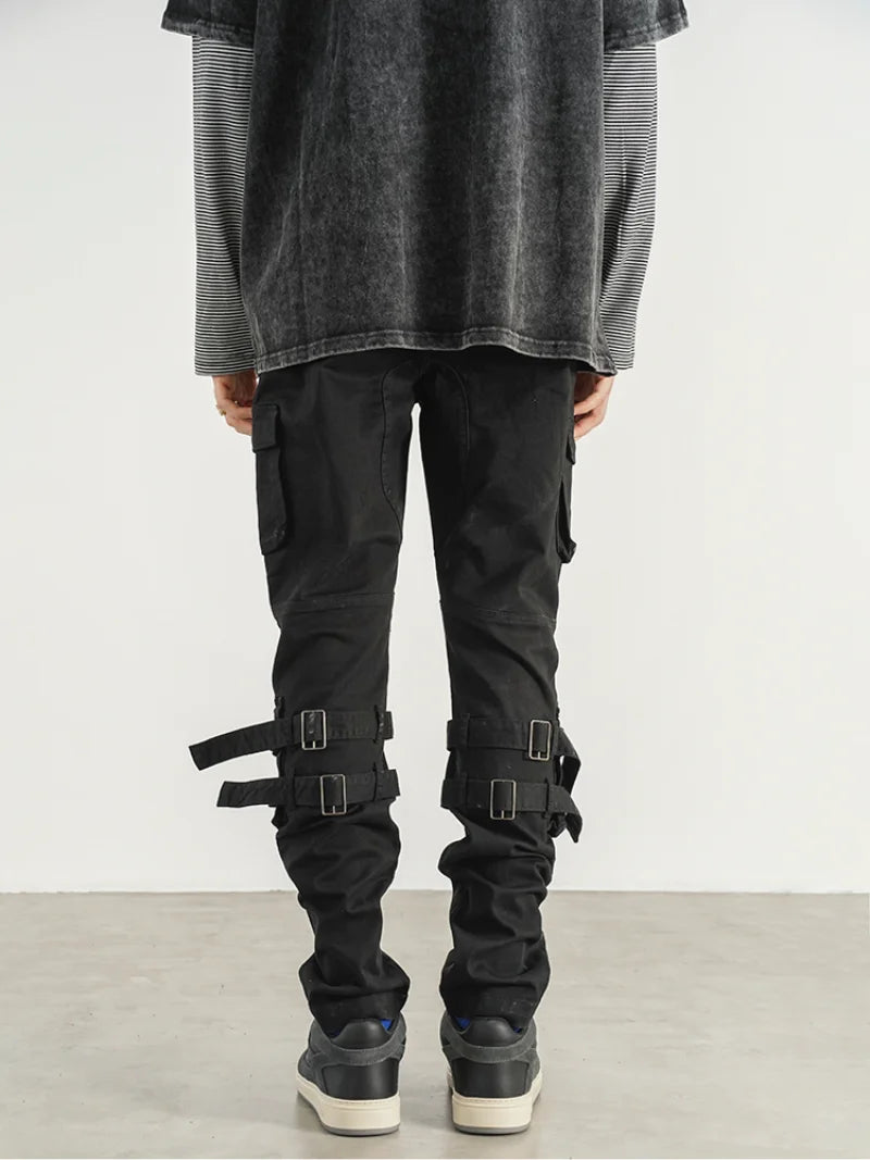 mens high street jeans casual hip hop military cargo pockets trousers new fashion slim fit zipper skinny denim pants joggers casual joggers