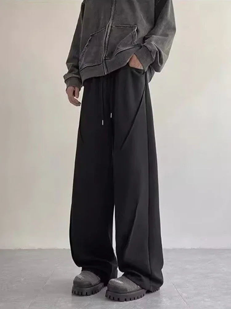 autumn mens high street pleated straight pants korean fashion elastic waist pockets trousers y2k vintage pantalones hombre unique default style 731