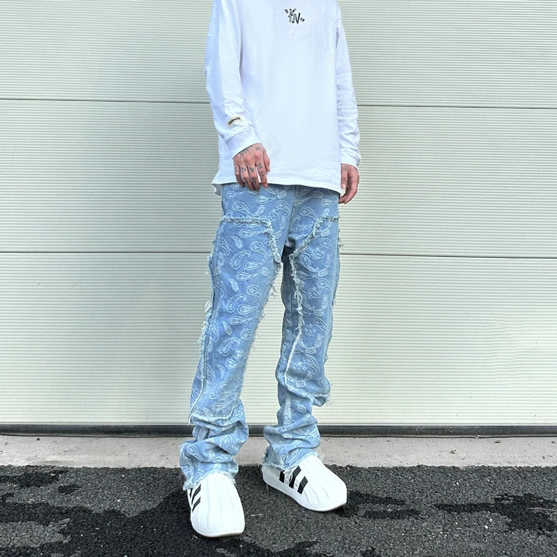 vintage high street washed light blue flared jeans cashew flower jacquard pattern rough edge jeans pants for men and women unique jeans style 918