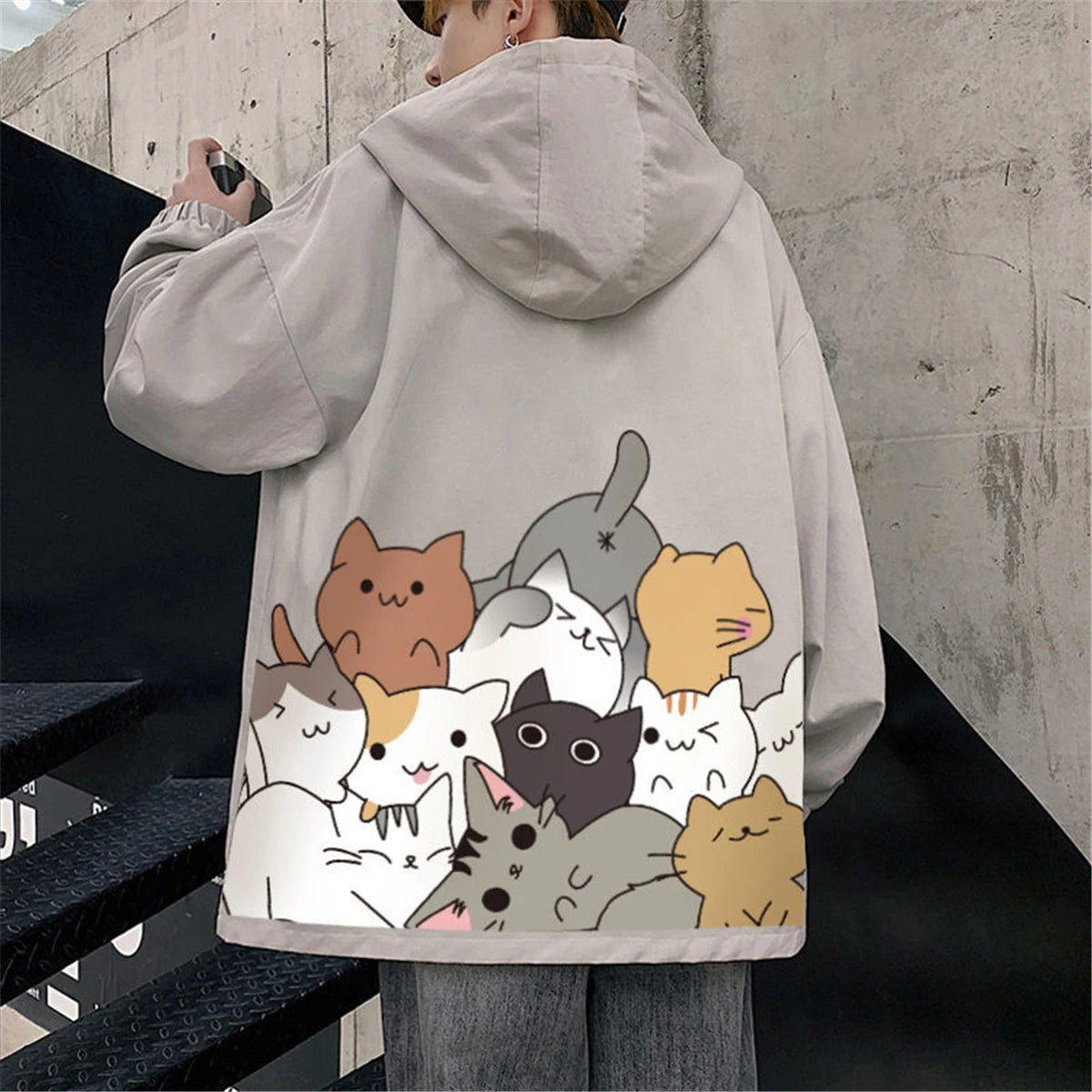 Black Cat Print Baseball Jacket Boys Long Sleeve Loose Ins Harajuku High Street Tops Streetwear Gothic Gray Bomber Jacket Men Street King Limited