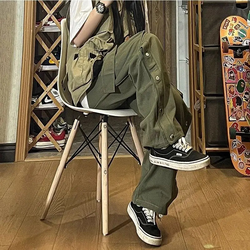 Fashionable Korean style gothic buttoned overalls pants men summer Harajuku street y2k hip hop casual retro sports pants Street King Limited
