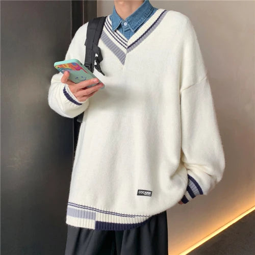 Pullovers Men Sweater Patchwork Ins Fashion Winter Design Couple V-neck Harajuku Knitwear Loose Students Simple Ropa Para Hombre Street King Limited