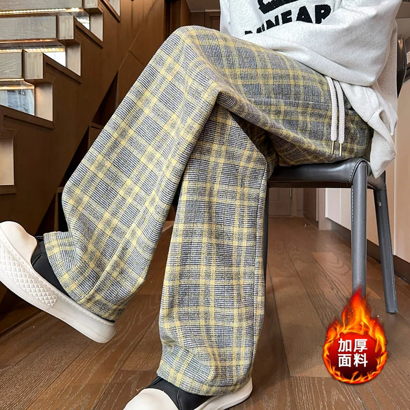 mens plaid pants baggy winter trendy fleece loose straight wide leg mopping trousers unisex thick velvet warm long pants relaxed fit trousers