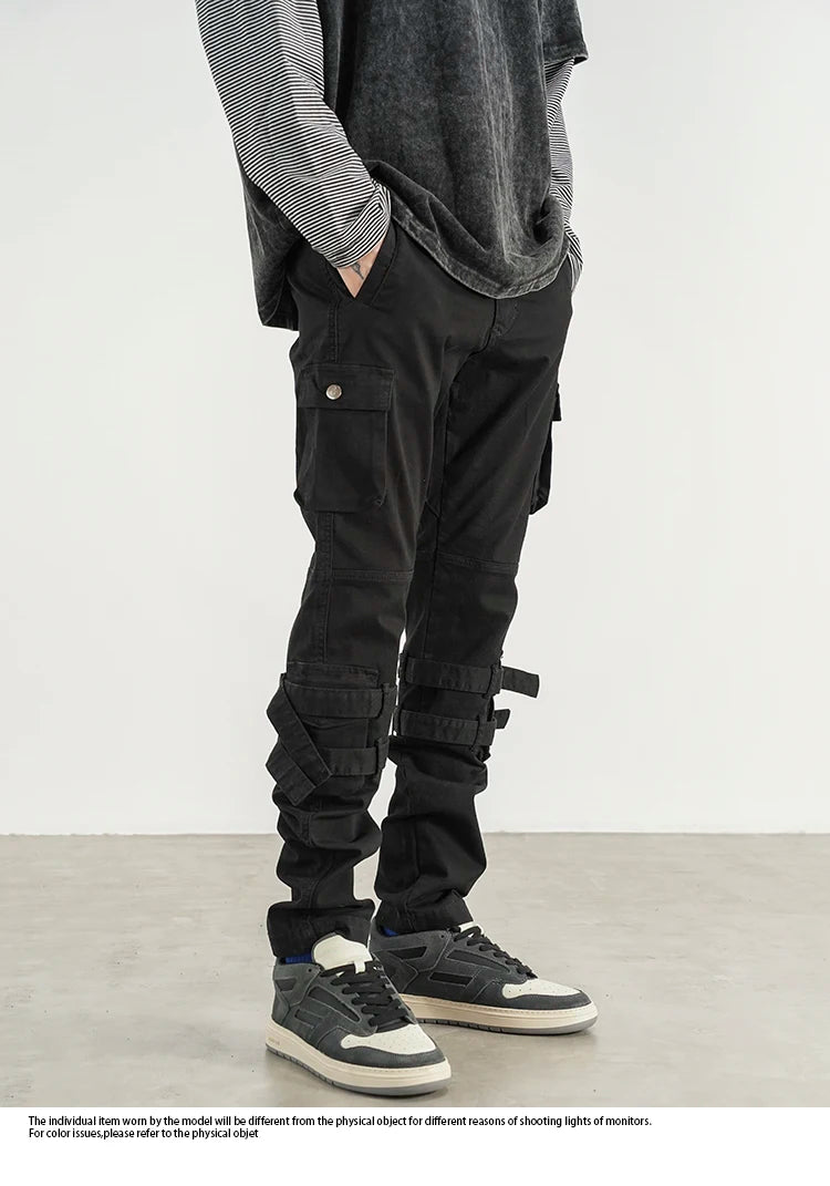 mens high street jeans casual hip hop military cargo pockets trousers new fashion slim fit zipper skinny denim pants joggers unique joggers style 1692