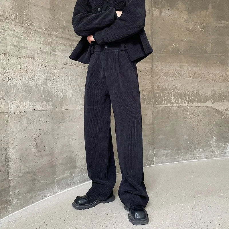 men 2 pieces sets corduroy short jacket wide leg pant suits korean streetwear fashion loose casual retro coat baggy trousers drawstring street shorts