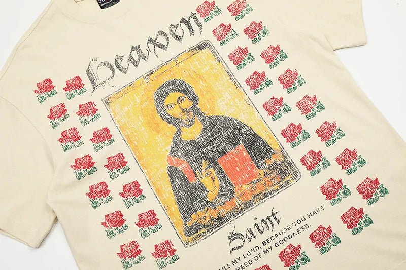SAINT T-shirts Men Woman New Rose Portrait Printing O-Neck Short Sleeve Summer Loose Lovers Top Tees Street King Limited