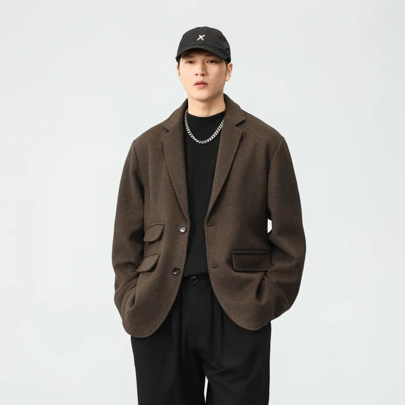 men autumn winter streetwear fashion retro wool thick blazer jacket commuter business casual plus size suit coat outerwear unique default style 1365