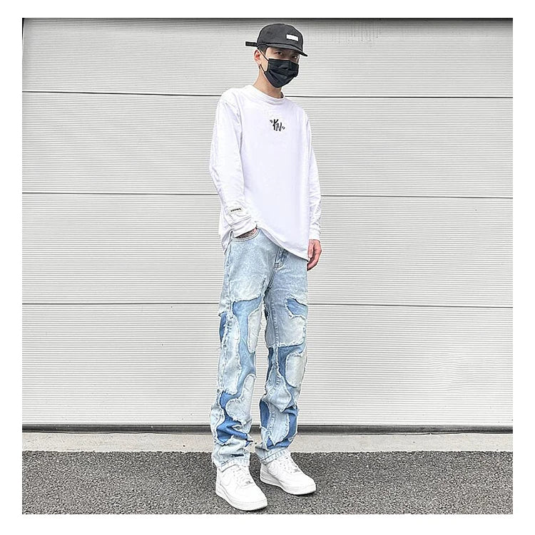 ripped irregular patchwork design denim jeans men casual zipper biker trousers jeans fashion streetwear hip hop pants joggers unique joggers style 2613