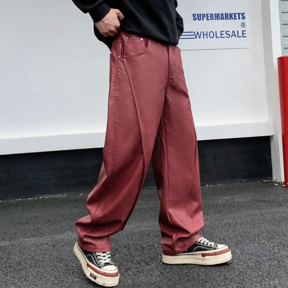 men streetwear fashion hip hop loose casual straight leather motorcycle pant man y2k trousers pants stage clothing relaxed fit trousers