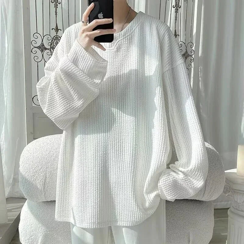 Autumn Men's V-neck Long Sleeve T-shirts New Solid Color Jacquard Waffle Pullover Tops High Street Fashion Breathable Tee Shirts Street King Limited