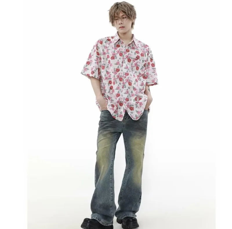 summer harajuku set mens flower print casual short sleeved top gradient straight leg jeans 2 pcs set high street trendy suit unique jeans style 4231