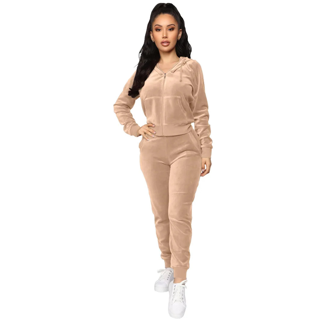 Women's Velvet Hooded Zipper Sweater Elastic Waist Trousers Two-piece Set Fashion Personality Trend Clothing Two-piece Slim Suit Street King Limited
