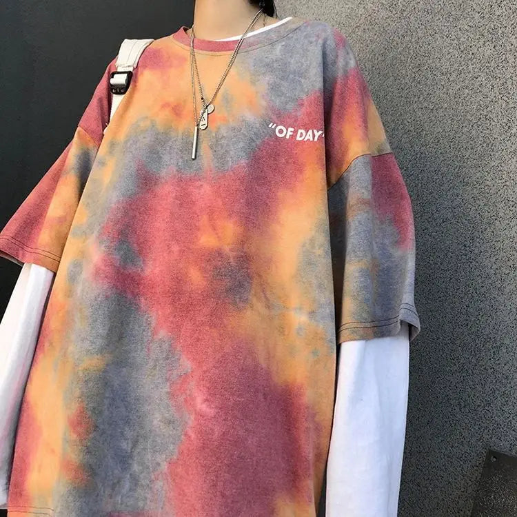 Summer national trend hip-hop tie-dye short-sleevedstyle Korean version ins loose couple's five-point half-sleeved T-shirt top Street King Limited