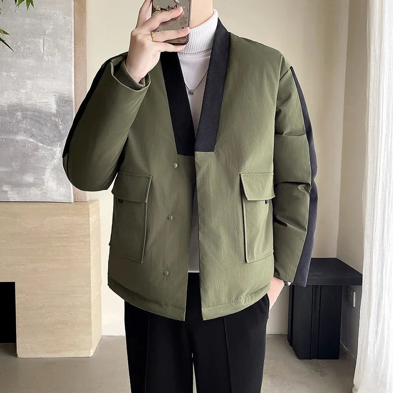 2024 Winter Collarless Cotton-padded Jacket Men Japanese Korean Fashion Loose Casual Thicken Warm Parkas Jacket Cityboy Coat Street King Limited