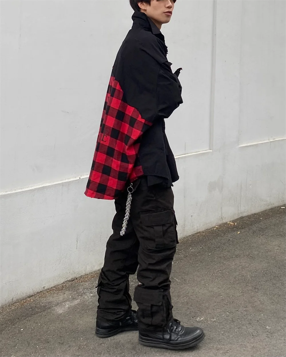 Undermycar 2023 New Worn Out Heavy Work Durable Splice Extra Large Loose Plaid Shirt with Black and Red Plaid Street King Limited