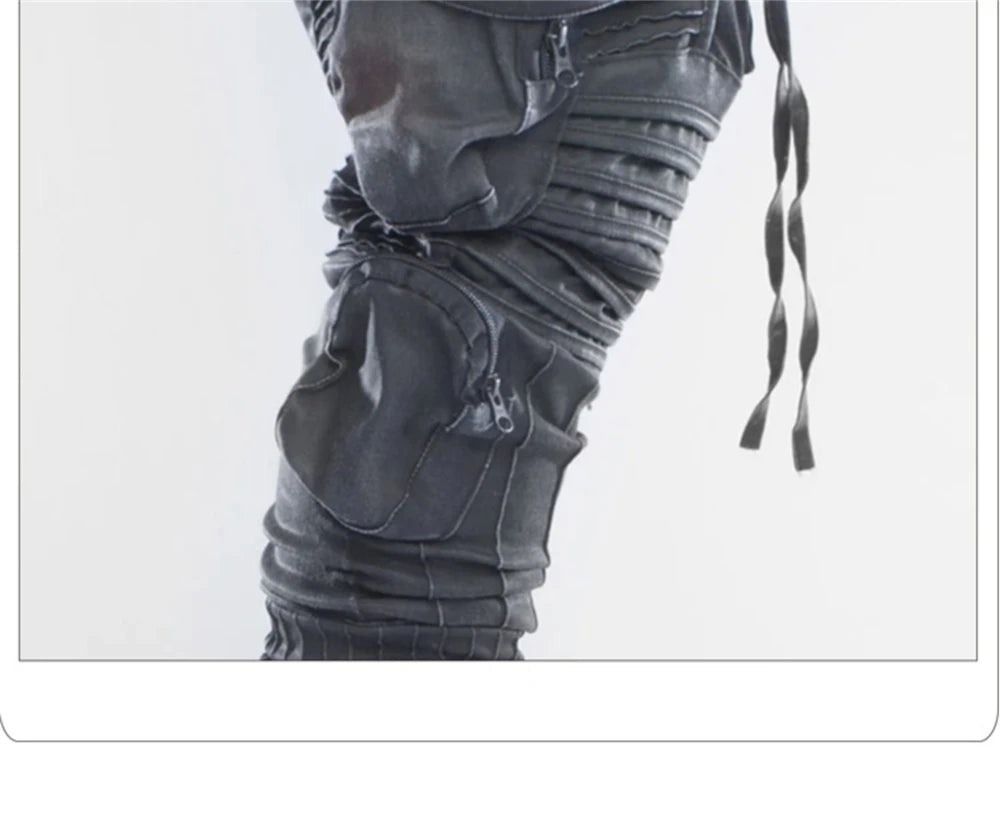 vintage motorcycle trousers joggers mens asymmetric straped pleated cross pants function elastic waist trousers unique joggers style 3597
