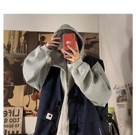 Fake two-piece coat men's ins, trendy Japanese functional workwear hooded jacket, autumn European and American retro trend tops Street King Limited