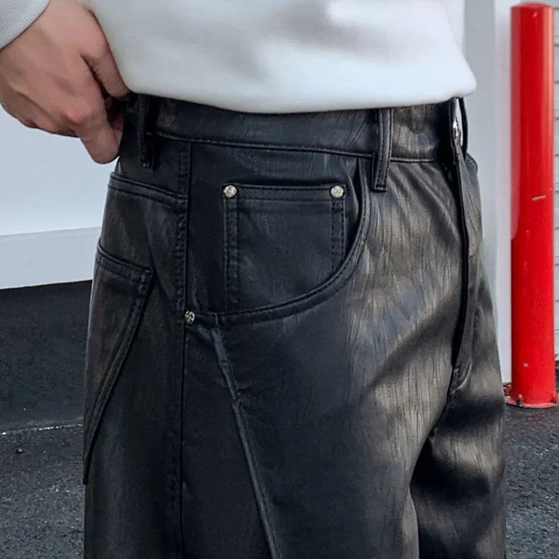 men streetwear fashion hip hop loose casual straight leather motorcycle pant man y2k trousers pants stage clothing menswear bottoms