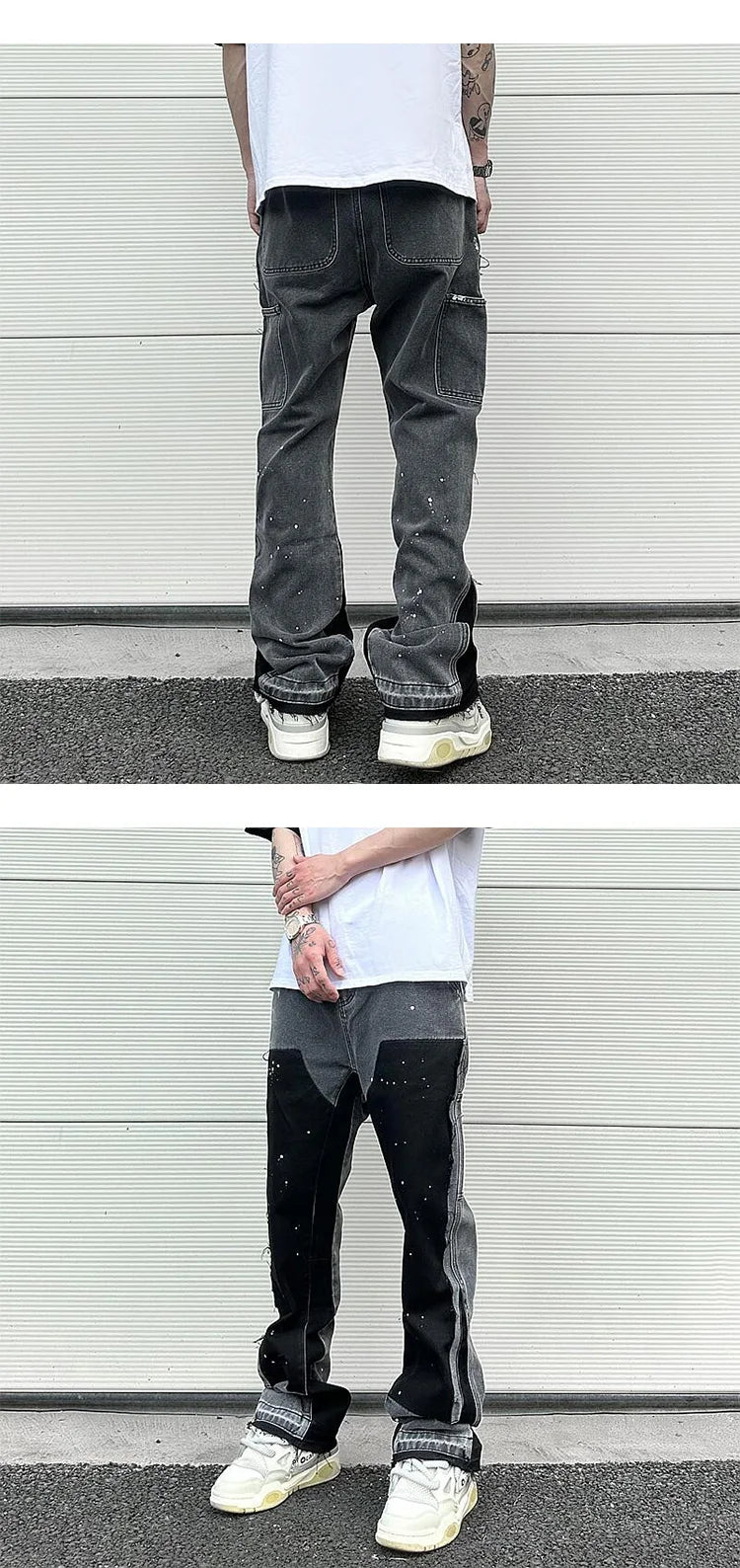 Harajuku Black Graffiti Flared Jeans Pants Patches Hip Hop Splashed Ink Wide Jeans Trousers Blue Slim Fit Washed Jeans for Men Street King Limited
