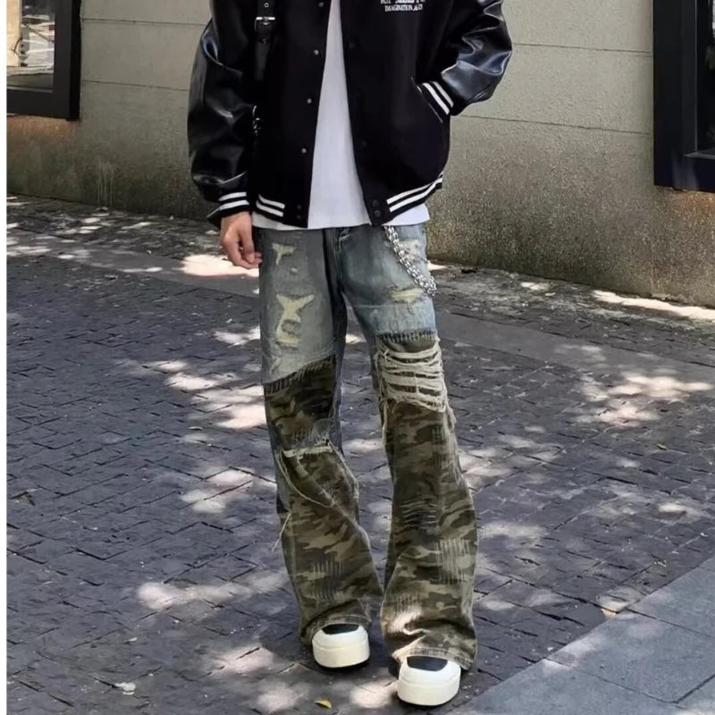 Trendy Camo Cowboy Cargo Pants Mens Spring Autumn Elasticity Fashion Harajuku Patchwork Straight Jeans New Washed Denim Trousers Street King Limited