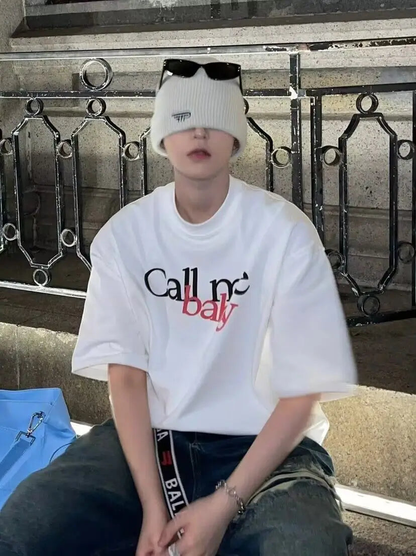 Summer men Korean retro fun printed half sleeved T shirt Fashion simple y2k couple personality hip hop loose round neck top Street King Limited