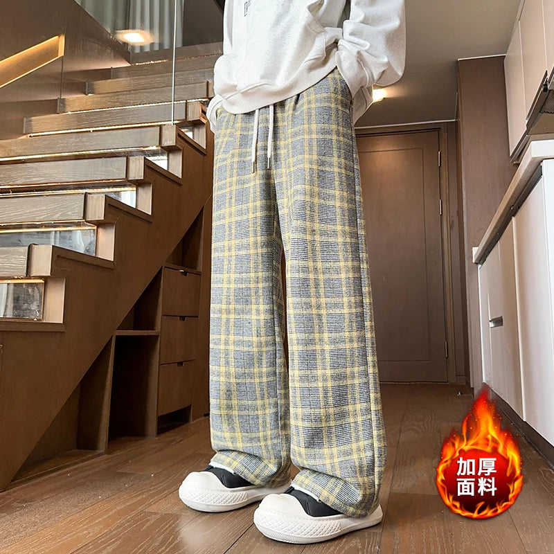 mens plaid pants baggy winter trendy fleece loose straight wide leg mopping trousers unisex thick velvet warm long pants unique default style 1119