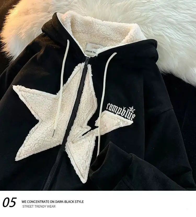 Star Hoodie American Style Retro Jackets Five Pointed Plush Thickened Lamb Wool Coat Women Autumn and Winter Loose Lazy Style Street King Limited