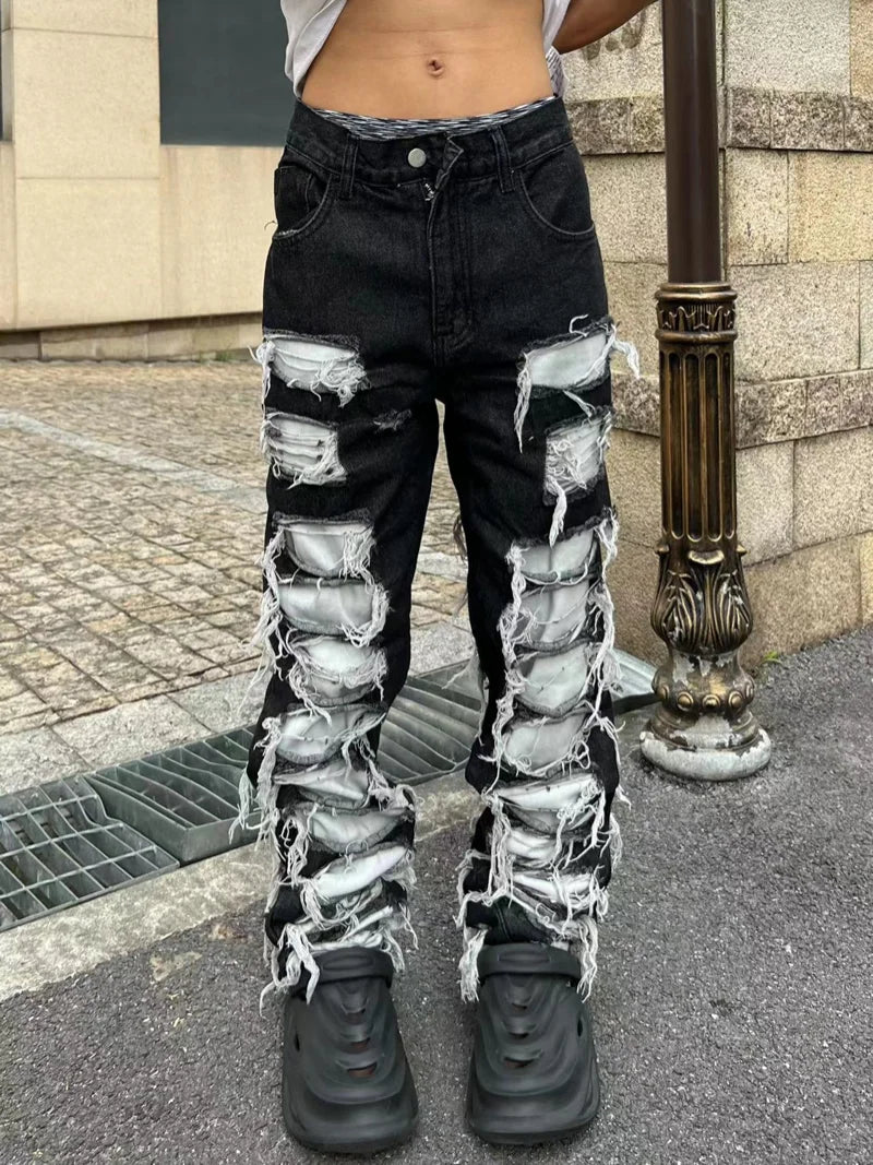 fashion destroyed ripped tassel holes denim jean pants mens casual loose straight baggy y2k jeans hip hop streetwear joggers sporty tapered joggers