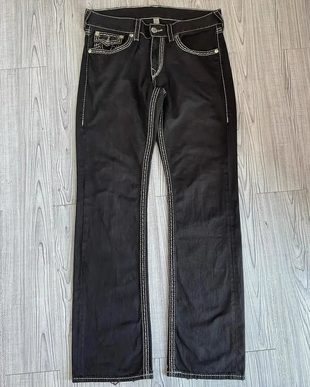 true religion vintage hip hop street leisure denim pants y2k gothic fashion embroidered straight leg wide leg jeans men clothing unique jeans style 3776