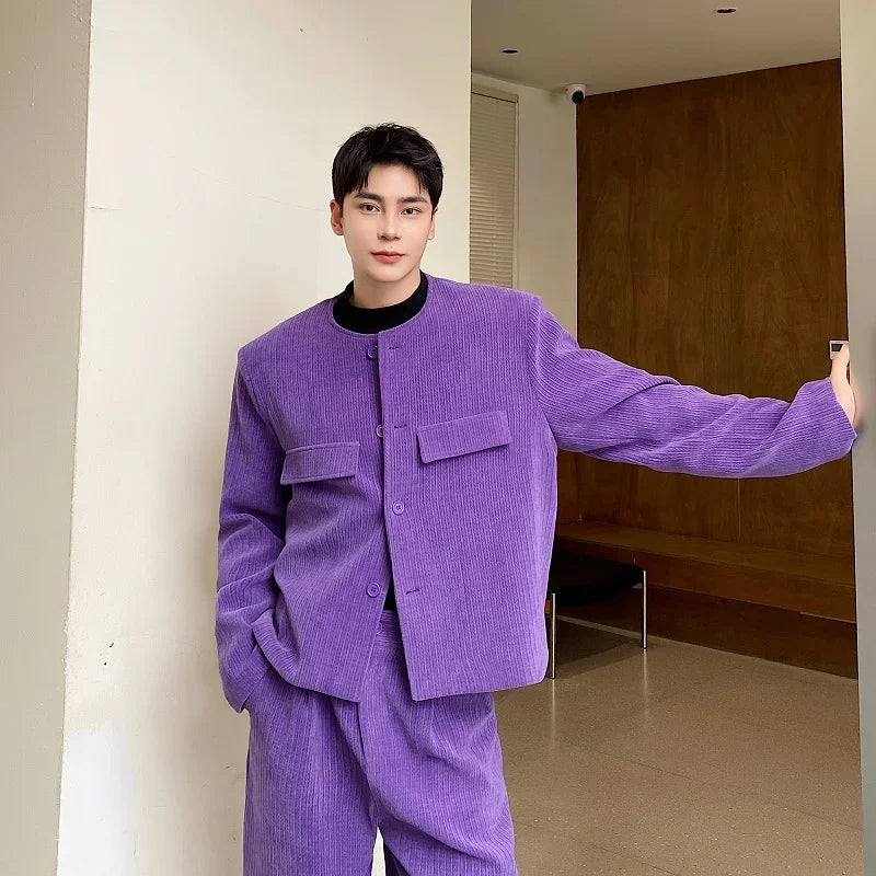 men 2 pieces sets corduroy short jacket wide leg pant suits korean streetwear fashion loose casual retro coat baggy trousers summer street shorts