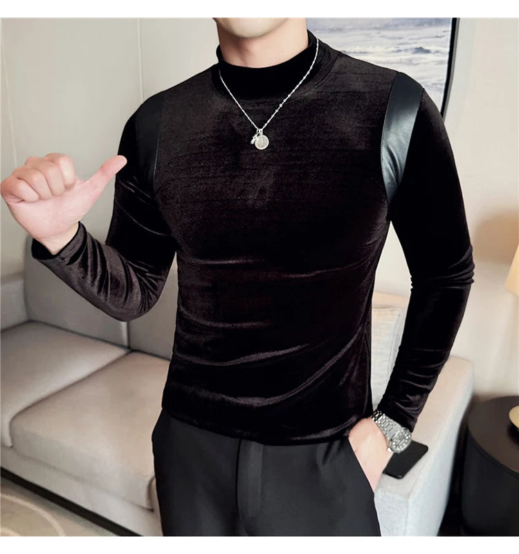 Turtleneck Stretch Slim-fit T-shirt Men Long Sleeve Thicken Elastic Velvet Retro Fashion Casual Tshirt Handsome Man T Shirts Street King Limited