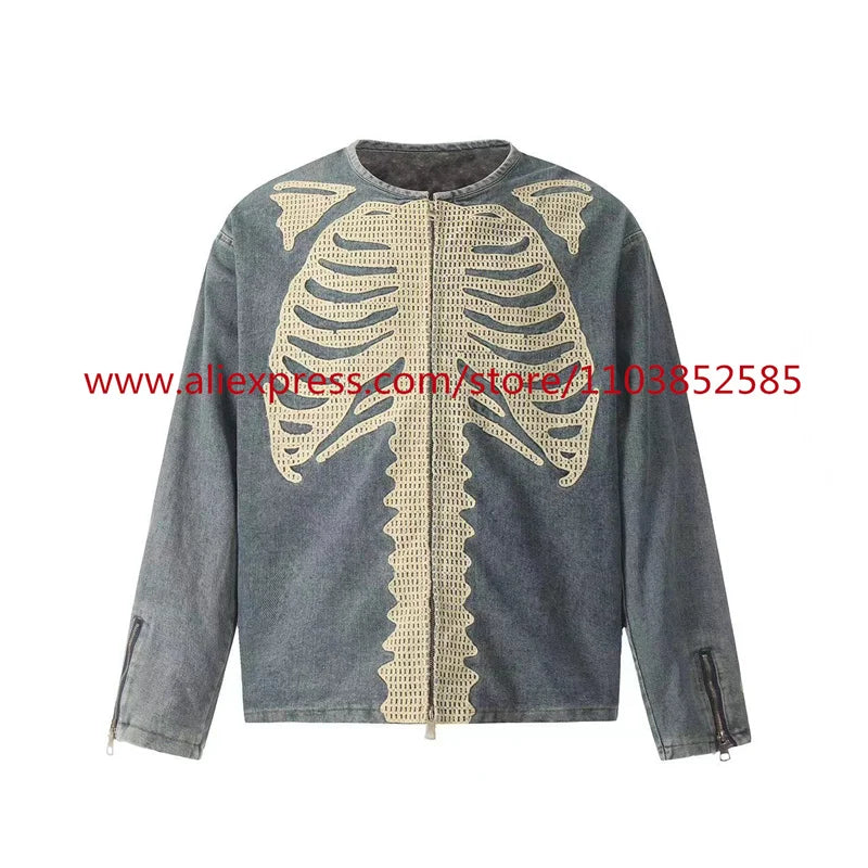 vintage mens long sleeved denim jacket high street oversized washed bone embedding tops clothing autumn winter 2024 heavyweight ripped baggy denim