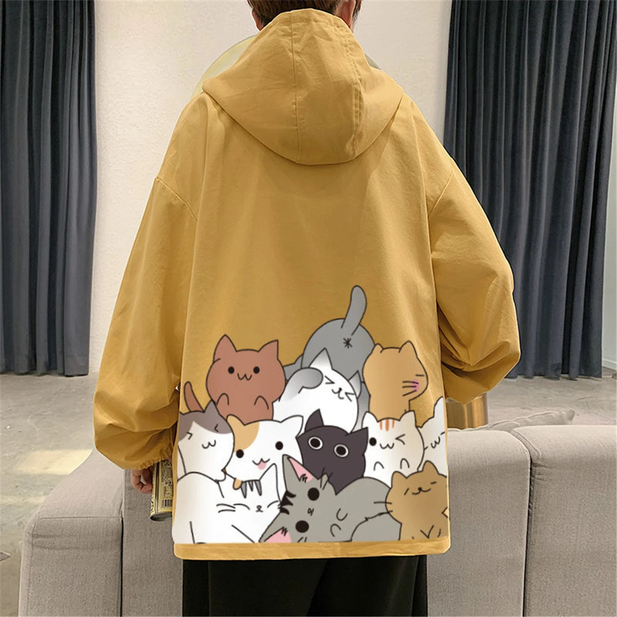 Black Cat Print Baseball Jacket Boys Long Sleeve Loose Ins Harajuku High Street Tops Streetwear Gothic Gray Bomber Jacket Men Street King Limited