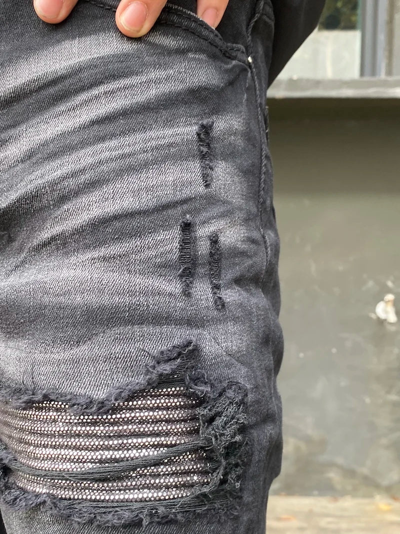knee hole patckwork skinny denim jeans men slim biker trousers jeans fashion streetwear hip hop retro washed jean pants joggers unique joggers style 2352