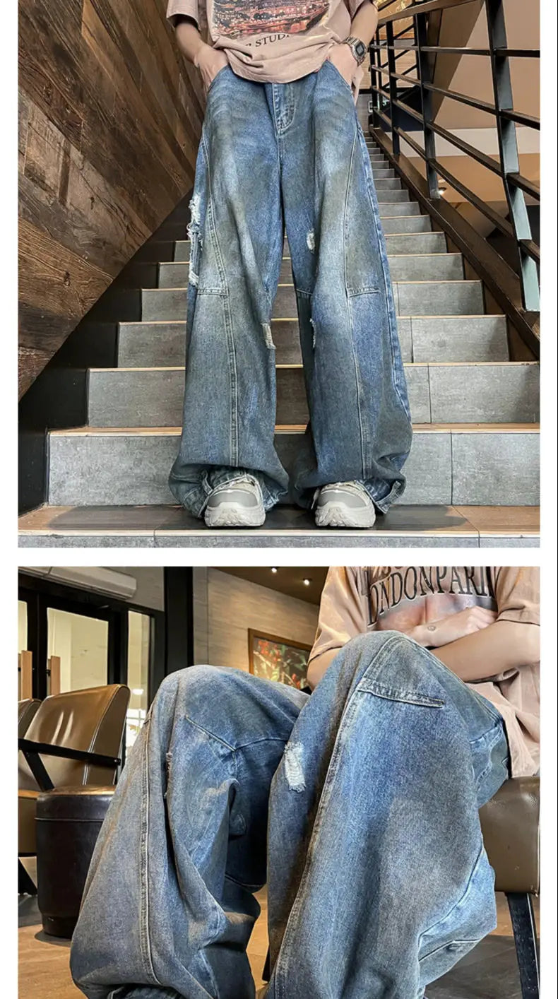 american style dirty and torn hole design straight leg wide leg jeans for men and women high street loose street casual pants unique jeans style 651