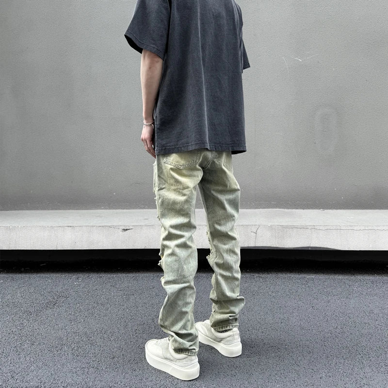 retro washed skinny jeans men pant destroyed ripped holes slim biker zipper jeans trousers fashion streetwear hip hop joggers unique joggers style 4204