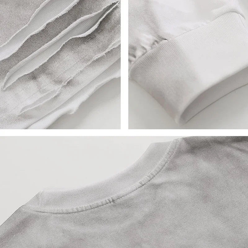 Men's Streetwear Hole Washed Cotton Long Sleeve Loose Casual T Shirt Tiki Y2k Clothes Oversized T-shirt for Men Tops Tshirt Street King Limited