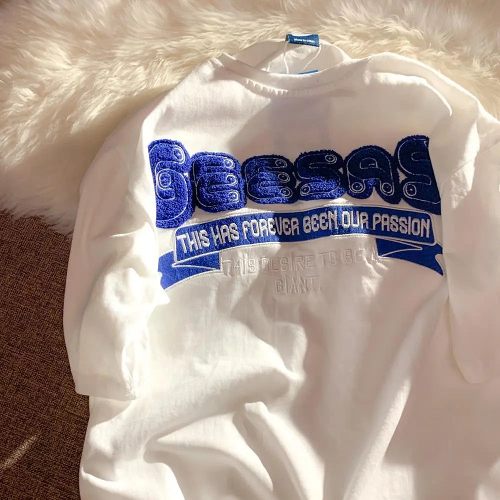 Retro Klein Blue Flocking Embroidery T Shirts Fashion Preppy Oversized Short Sleeve Tops 2022 Summer Large 3XL Casual Men Women Street King Limited