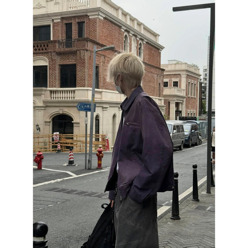 y2k hip hop gradient jacket mens tooling canvas high street lapel short coats washed retro motorcycle outwear trend 2024 new casual urban shorts