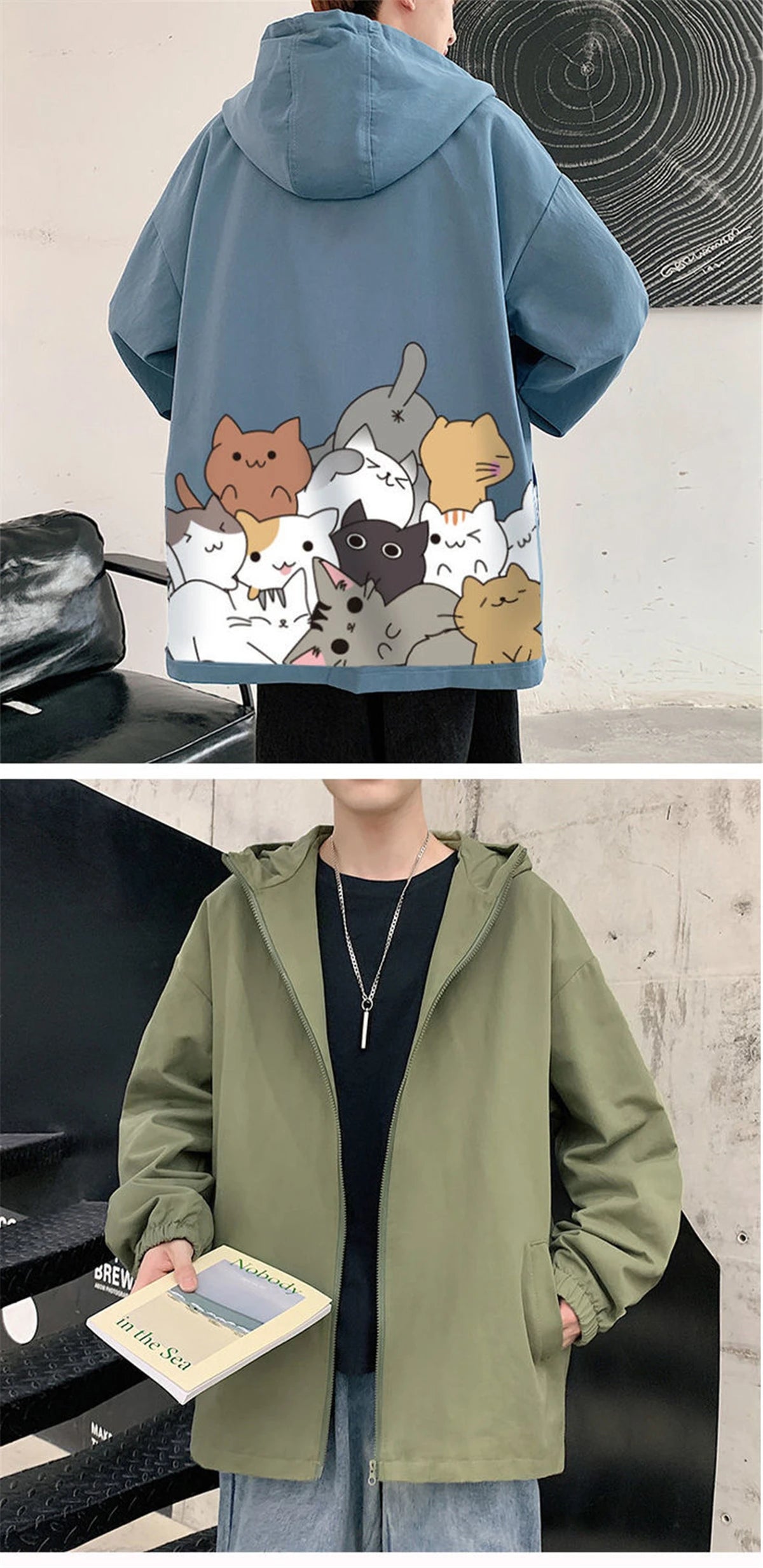 Black Cat Print Baseball Jacket Boys Long Sleeve Loose Ins Harajuku High Street Tops Streetwear Gothic Gray Bomber Jacket Men Street King Limited