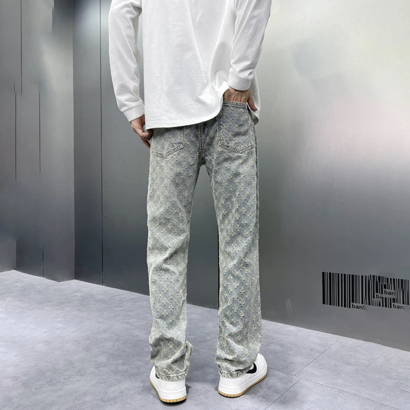 Men Wide Leg Denim Pants High Street American Retro Jacquard Loose Straight Jeans Y2K Fashion Streetwear Baggy Trousers Street King Limited