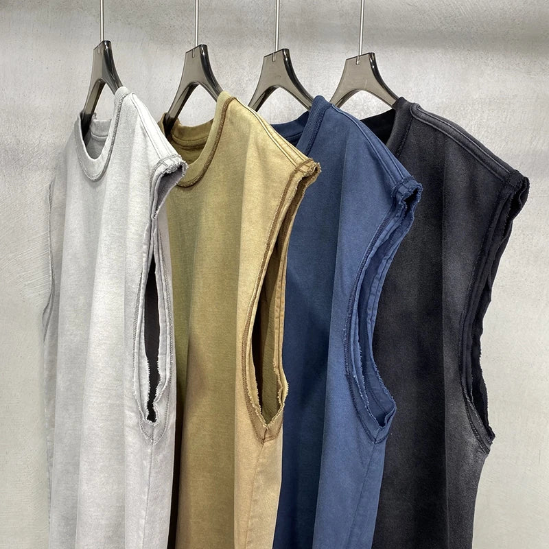 2024 Baggy Y2k Wax Dyed Vest Distressed Washed Tank Top Men's American Oversized Streetwear Trendy Retro Sleeves T Shirts Street King Limited