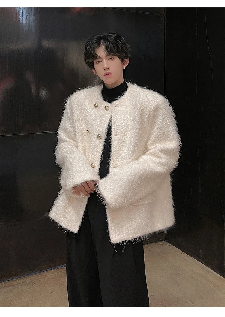 men double breasted french streetwear retro fashion loose casual tassels woolen short jacket man korean coat outerwear unique shorts style 1274